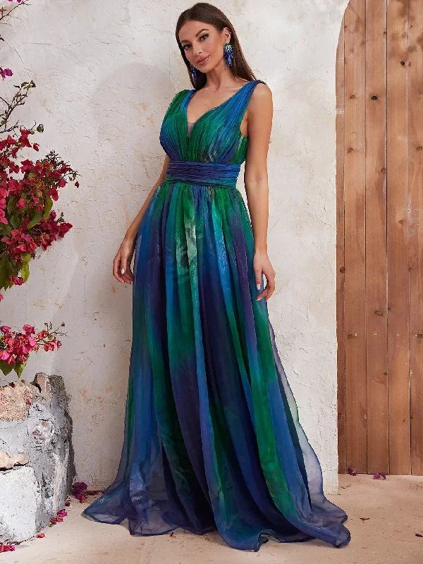 NiDELL New Cross-Border Dress Sleeveless V-neck Backless Vacation Style Peacock Blue Organza Dress-Ssl6131