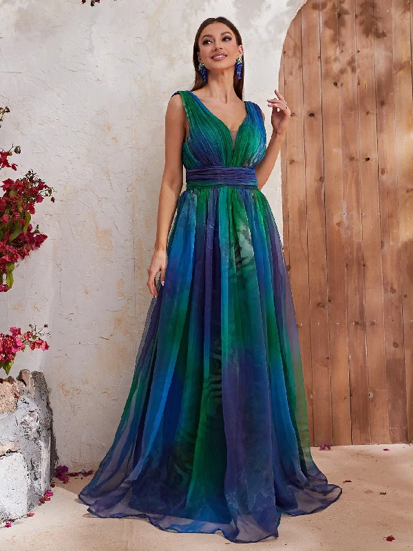 NiDELL New Cross-Border Dress Sleeveless V-neck Backless Vacation Style Peacock Blue Organza Dress-Ssl6131