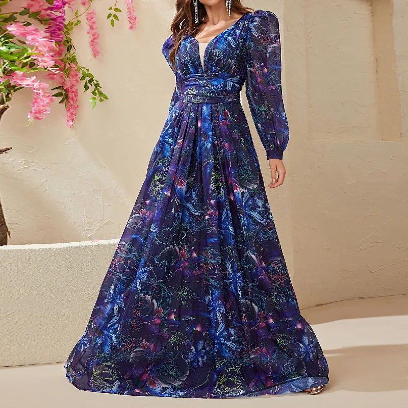 NiDELL . New Cross-Border Long Dress Chiffon Long Sleeve V-neck Dark Blue Puff Sleeve Holiday Dress-Ssl6140