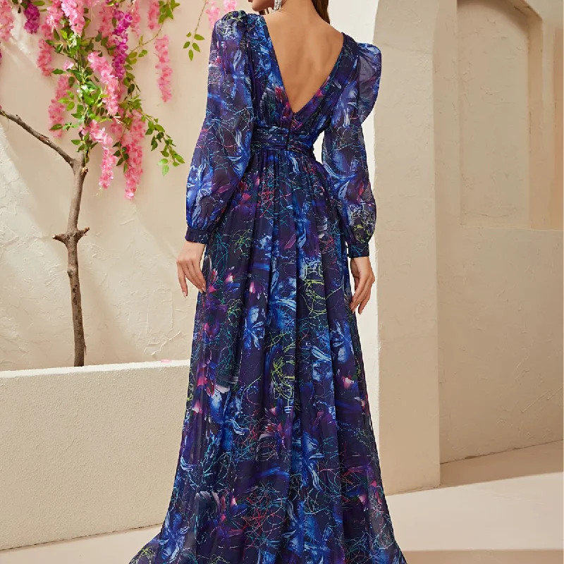 NiDELL . New Cross-Border Long Dress Chiffon Long Sleeve V-neck Dark Blue Puff Sleeve Holiday Dress-Ssl6140