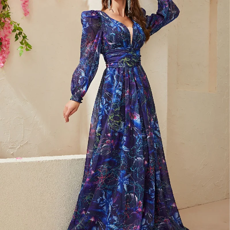 NiDELL . New Cross-Border Long Dress Chiffon Long Sleeve V-neck Dark Blue Puff Sleeve Holiday Dress-Ssl6140