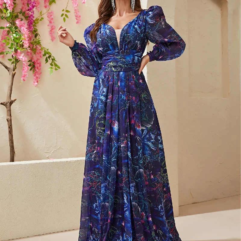 NiDELL . New Cross-Border Long Dress Chiffon Long Sleeve V-neck Dark Blue Puff Sleeve Holiday Dress-Ssl6140