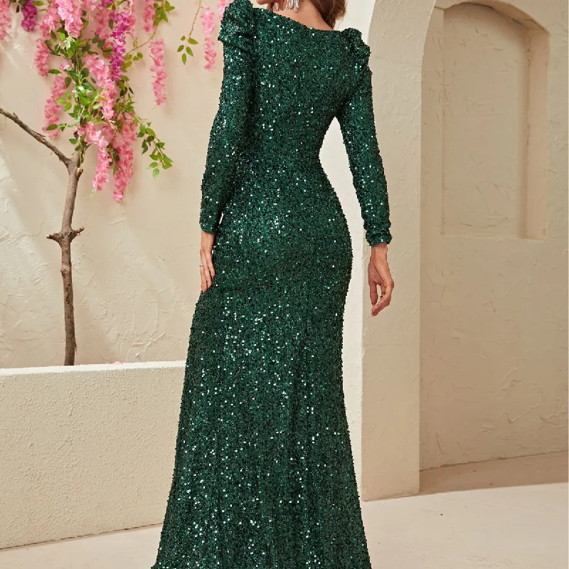 NiDELL New Cross-Border Premium Evening Dress Sequined Square Collar Long Sleeve Evening Dress Elegant Fishtail Dress-Mgw447