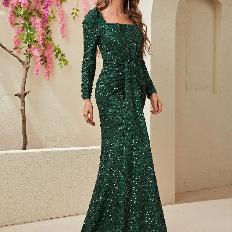 NiDELL New Cross-Border Premium Evening Dress Sequined Square Collar Long Sleeve Evening Dress Elegant Fishtail Dress-Mgw447