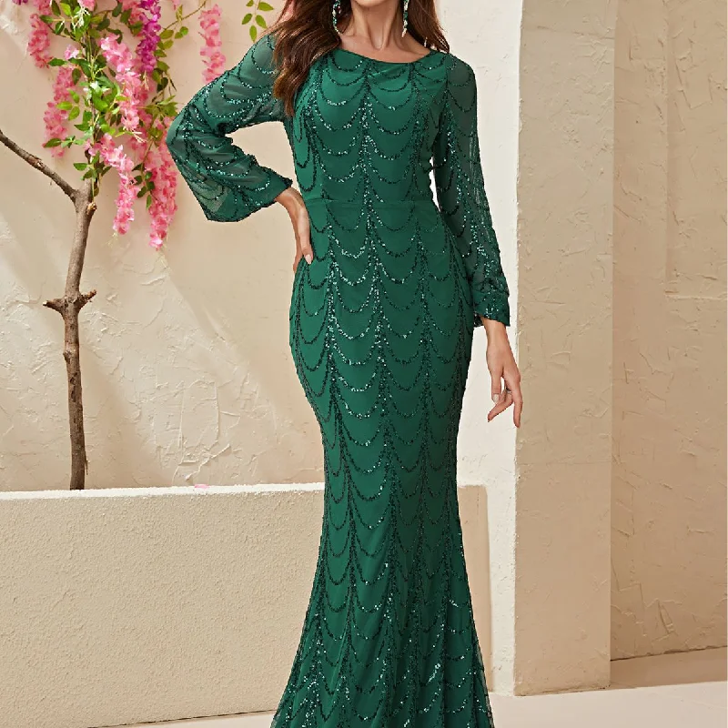 NiDELL . New Dress Dress Dance Dress European and American Sequined Long Sleeve round Neck Evening Dress Fishtail Dress-Mg215