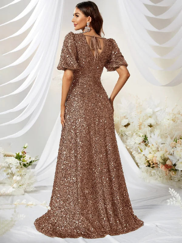 NiDELL New High-End Dress Elegant Sequined V-neck Puff Sleeve Dinner Dress Mopping Dress-MGJ501-1