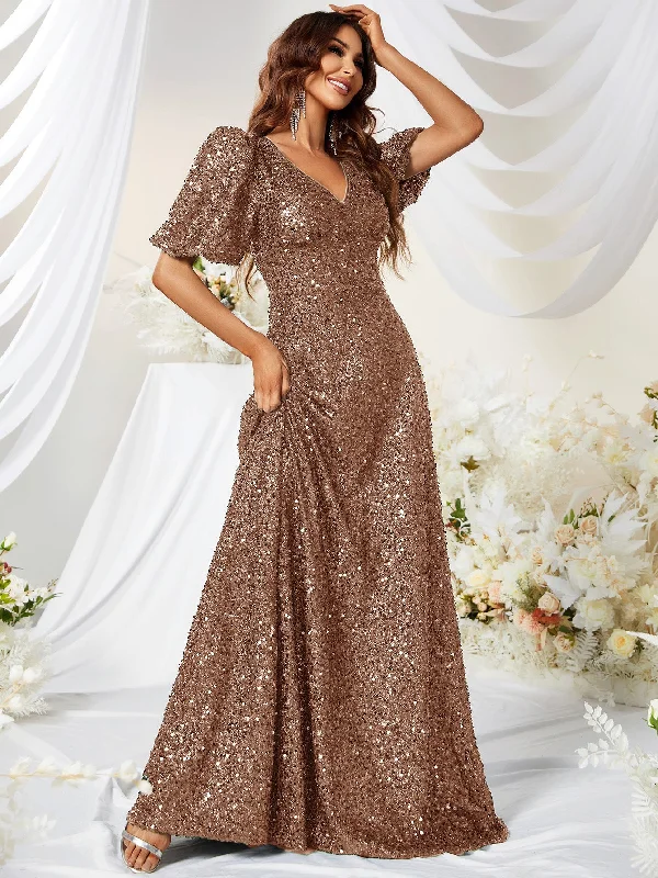 NiDELL New High-End Dress Elegant Sequined V-neck Puff Sleeve Dinner Dress Mopping Dress-MGJ501-1