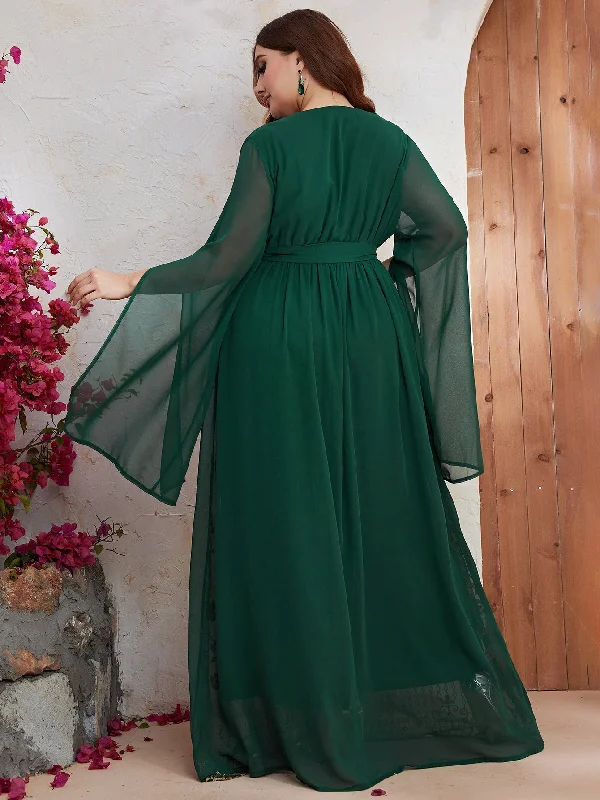 NiDELL New Large Size Chiffon Dress Mid-Dongfeng Chiffon Embroidered V-neck Long Sleeve Long Dress-Fssk8005