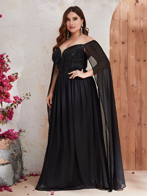 NiDELL New Mid-Dongfeng plus Size Evening Dress Chiffon off-Shoulder Sequin Prom Evening Dress-Fssn061