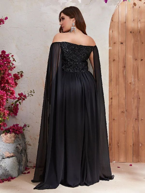 NiDELL New Mid-Dongfeng plus Size Evening Dress Chiffon off-Shoulder Sequin Prom Evening Dress-Fssn061