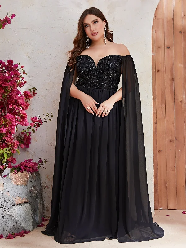 NiDELL New Mid-Dongfeng plus Size Evening Dress Chiffon off-Shoulder Sequin Prom Evening Dress-Fssn061