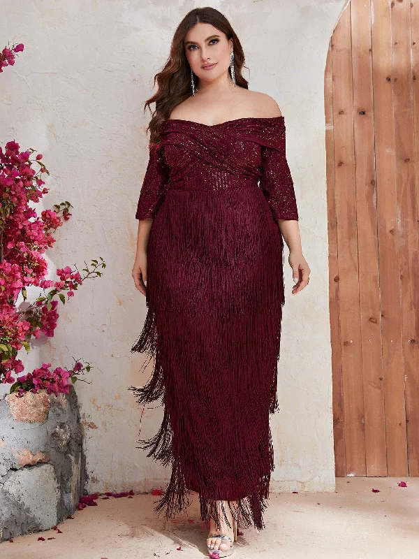 NiDELL New Middle East plus Size Evening Dress Sequined Tassel off-Shoulder Mid-Sleeve Evening Dress Fishtail Dress-Fmgt513