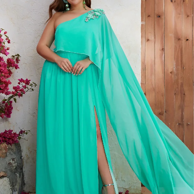 NiDELL New plus Size Dress Chiffon One Shoulder Long Dress Fresh Elegant Long Dress-Fssw4000