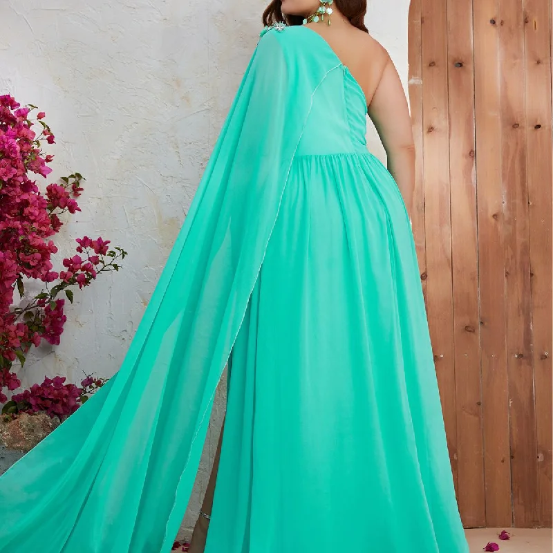 NiDELL New plus Size Dress Chiffon One Shoulder Long Dress Fresh Elegant Long Dress-Fssw4000