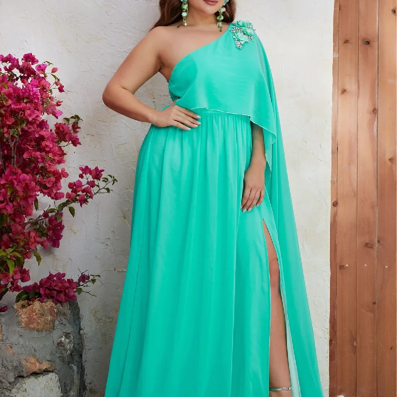 NiDELL New plus Size Dress Chiffon One Shoulder Long Dress Fresh Elegant Long Dress-Fssw4000