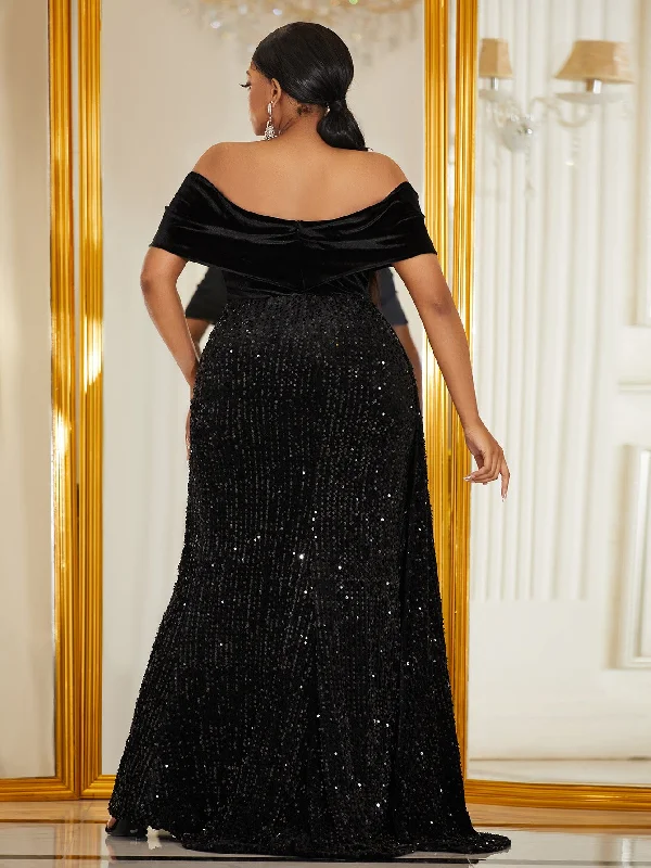 NiDELL New plus Size off-Shoulder Velvet Sequin Stitching Prom Evening Dress High Slit Fishtail Dress-Fsst2047