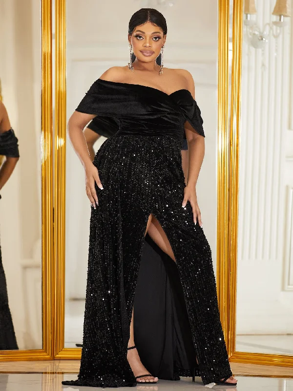 NiDELL New plus Size off-Shoulder Velvet Sequin Stitching Prom Evening Dress High Slit Fishtail Dress-Fsst2047