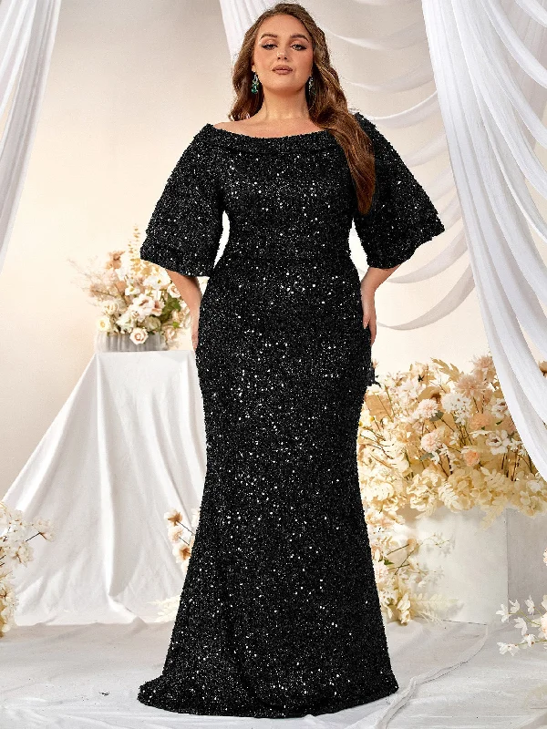 NiDELL New plus Size Plump Girls Dress Dress Sequin Mid-Sleeve off-Shoulder Ball Gown Dress-FMGW415-1