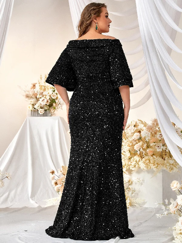 NiDELL New plus Size Plump Girls Dress Dress Sequin Mid-Sleeve off-Shoulder Ball Gown Dress-FMGW415-1