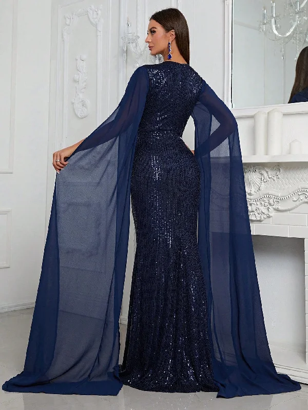 NiDELL New Premium Evening Dress Sequined Turtleneck Hollow out Slit Formal Dress Long Sleeve Shawl Fishtail Dress-Ssx9012