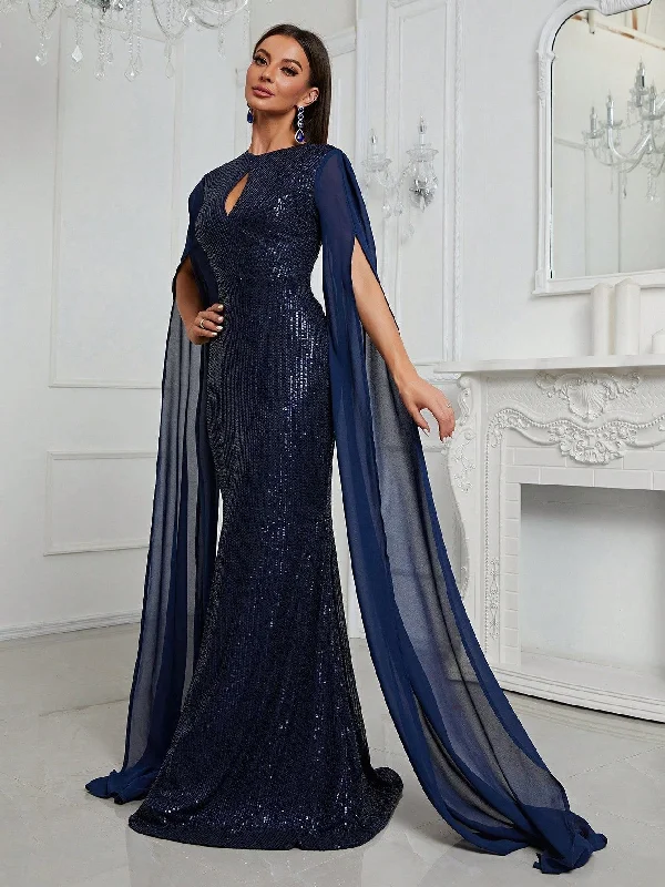 NiDELL New Premium Evening Dress Sequined Turtleneck Hollow out Slit Formal Dress Long Sleeve Shawl Fishtail Dress-Ssx9012