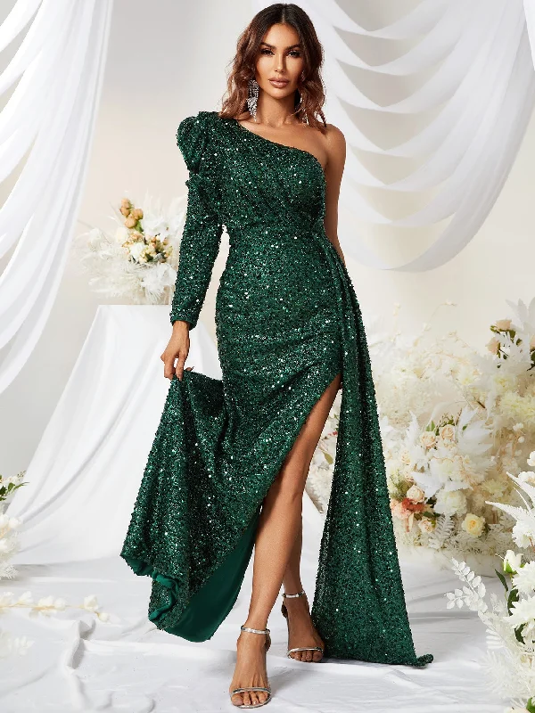 NiDELL New Sequin Formal Dress Sequined One-Shoulder Long Sleeve Prom Party Dress High Slit Fishtail Dress-Mgj473