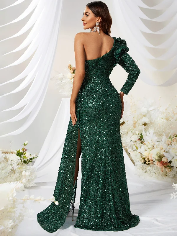 NiDELL New Sequin Formal Dress Sequined One-Shoulder Long Sleeve Prom Party Dress High Slit Fishtail Dress-Mgj473