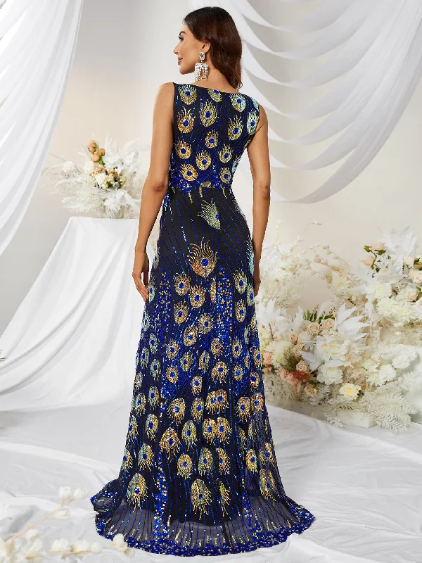 NiDELL . New V-neck Sleeveless Peacock Feather Sequins Long Four-Season Dress Slim-Fit Long Dress-Sn601