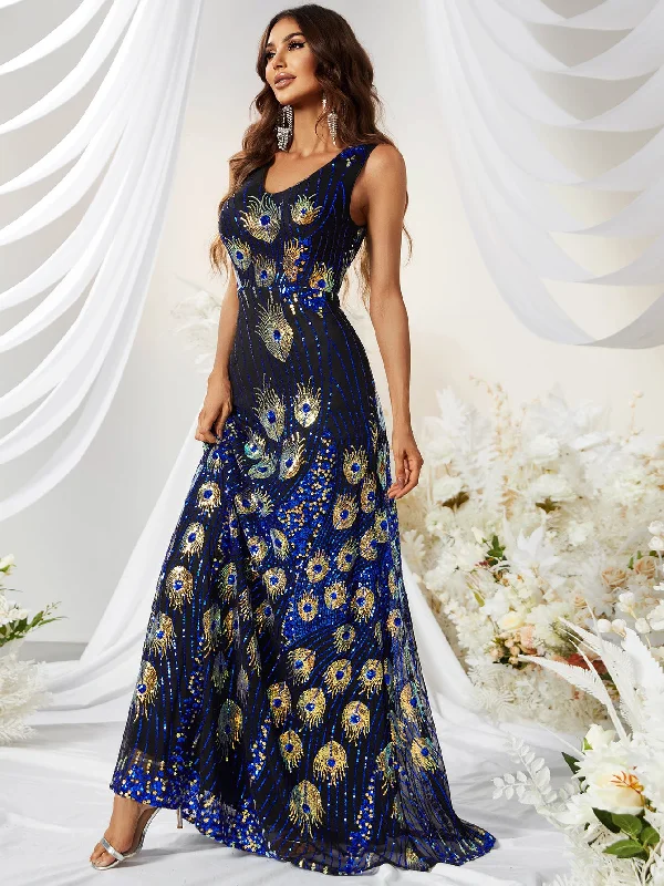 NiDELL . New V-neck Sleeveless Peacock Feather Sequins Long Four-Season Dress Slim-Fit Long Dress-Sn601