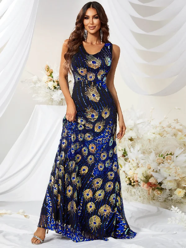 NiDELL . New V-neck Sleeveless Peacock Feather Sequins Long Four-Season Dress Slim-Fit Long Dress-Sn601