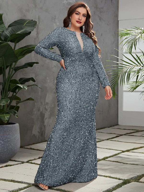 NiDELL Plus Size Haze Blue Formal Dress Slim Fishtail Deep V-neck Backless Sequined Long Prom Party Dress-FP030-2