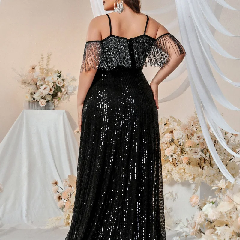 NiDELL Plus Size Sequin Formal Dress off-Shoulder Spaghetti Straps Tassel Prom Party Dress Fishtail Dress-Fssw3060