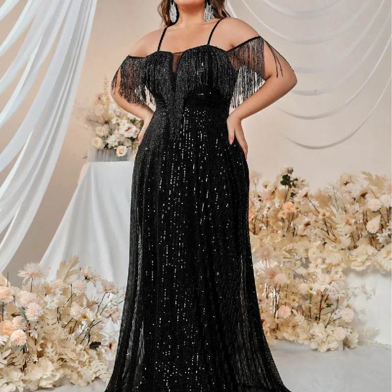 NiDELL Plus Size Sequin Formal Dress off-Shoulder Spaghetti Straps Tassel Prom Party Dress Fishtail Dress-Fssw3060