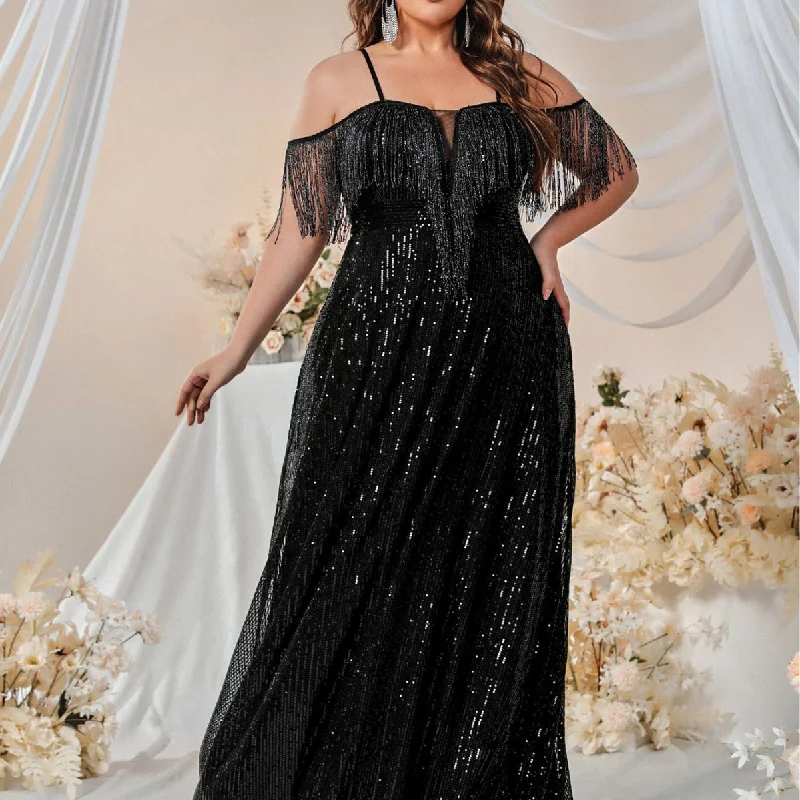 NiDELL Plus Size Sequin Formal Dress off-Shoulder Spaghetti Straps Tassel Prom Party Dress Fishtail Dress-Fssw3060