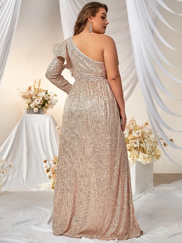 NiDELL Plus Size Sequined Dress European and American Sequined One-Sleeve Oblique Shoulder Ruffles Fishtail Banquet Evening Gown-Fmg140