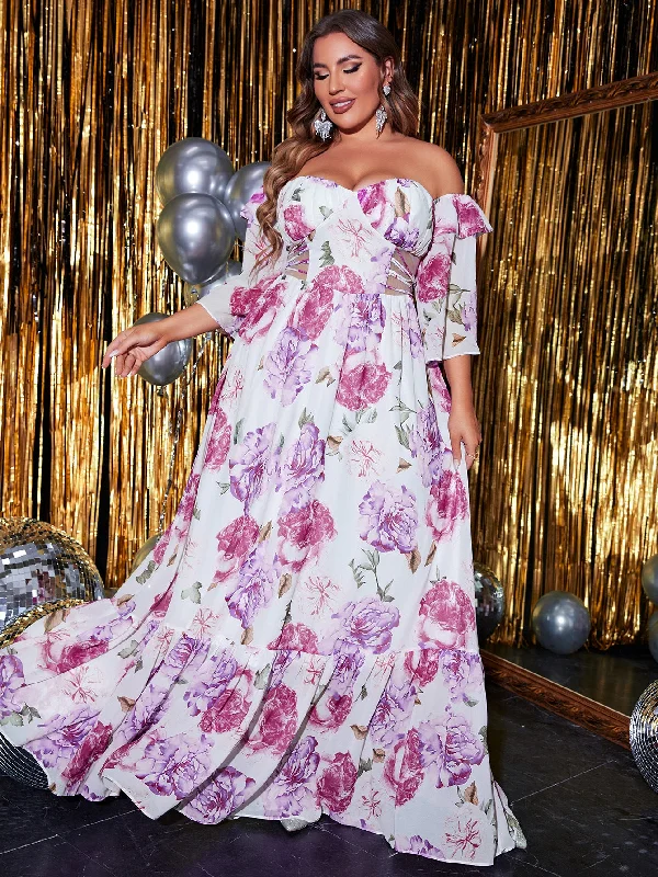 NiDELL Summer New Large Size Half Sleeve Waist Hollow-out Long off-Shoulder Chiffon Printed Dress-FP233-4