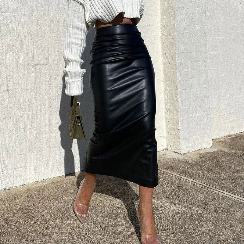 PU Leather Long Pencil Skirt