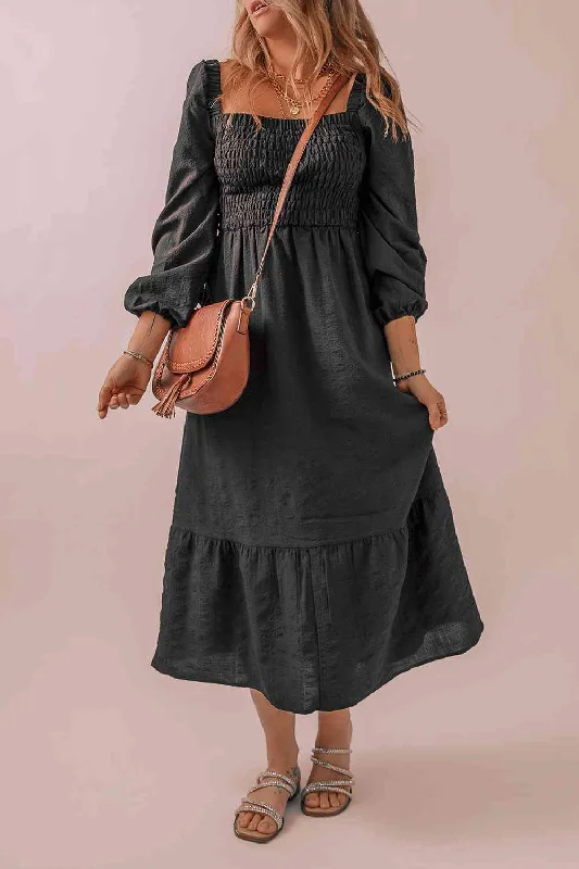 Square Neck Smocked Long Sleeve Dress