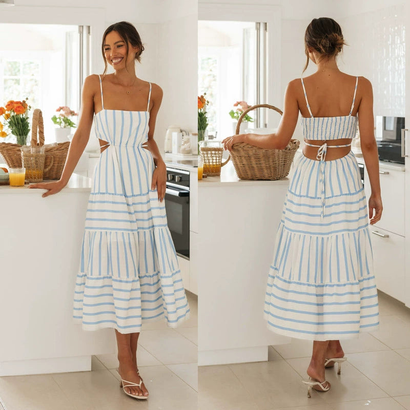 Women's Fashion Midriff Outfit Striped Patchwork Dress Sling