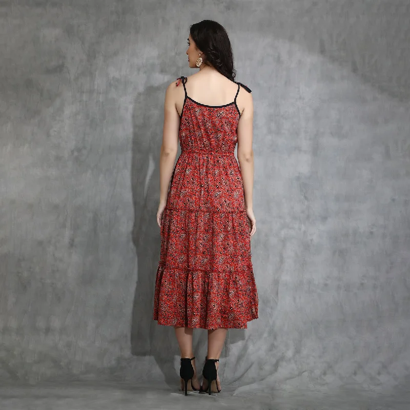 Cotton Maxi Dress For Women | Tiered | Red