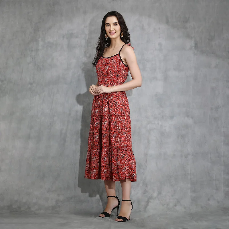 Cotton Maxi Dress For Women | Tiered | Red