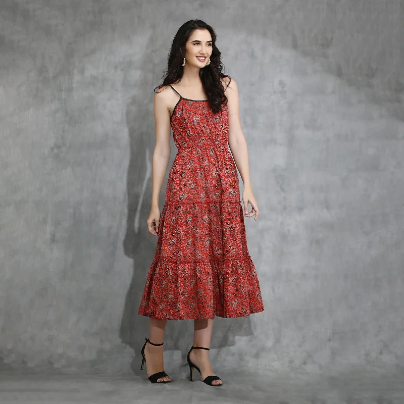 Cotton Maxi Dress For Women | Tiered | Red