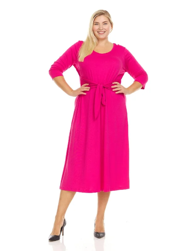 3/4 Sleeve Crew Neck Solid Color A-Line Midi Dress With Self Tie Belt - Plus