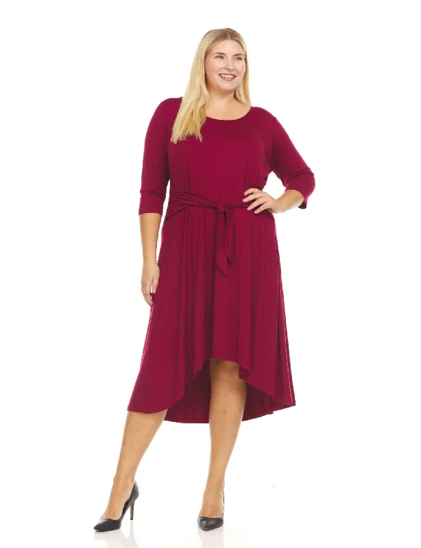 3/4 Sleeve Solid Color Scoop Neck Midi Dress With Self Tie Belt - Plus