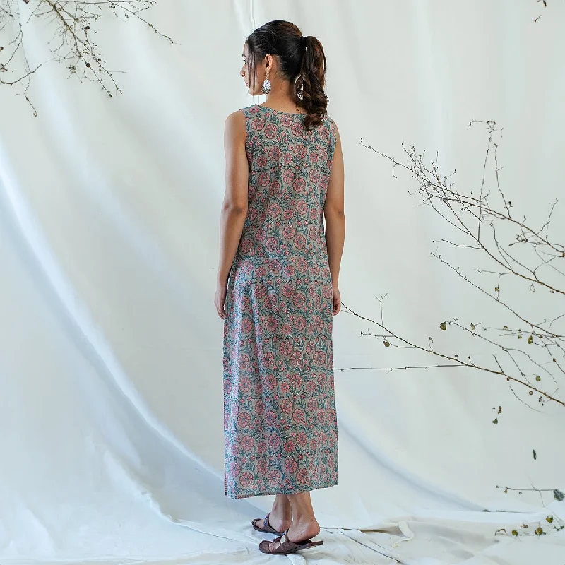 Mulmul Cotton Maxi Dress for Women | Straight | Grey & Pink