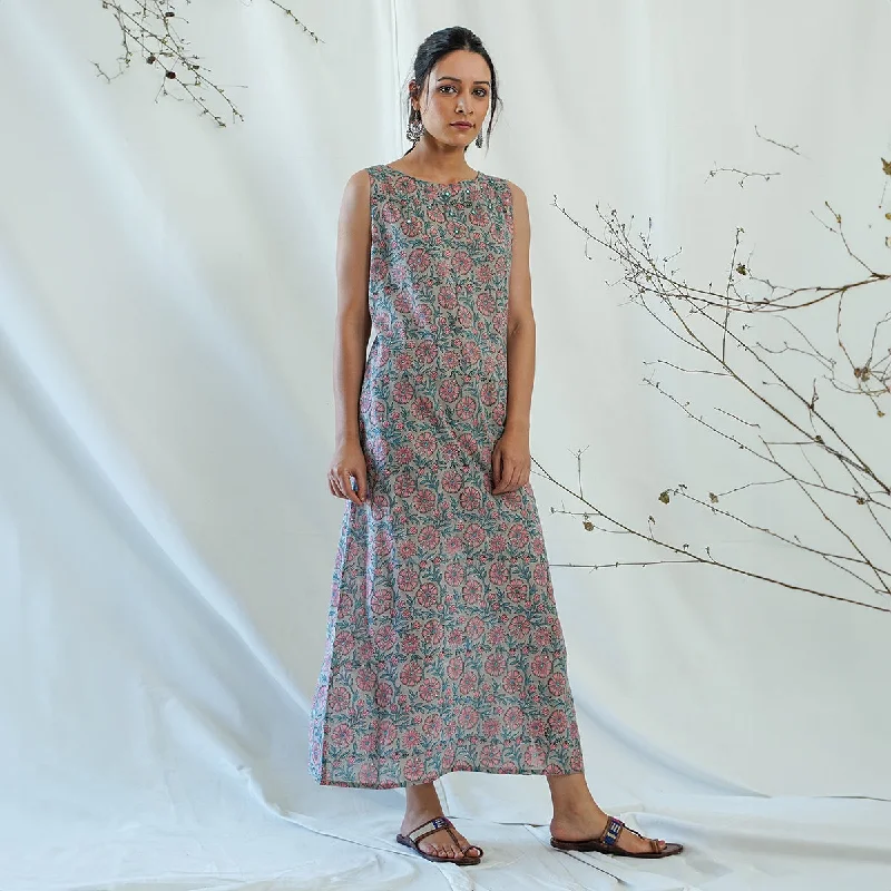 Mulmul Cotton Maxi Dress for Women | Straight | Grey & Pink