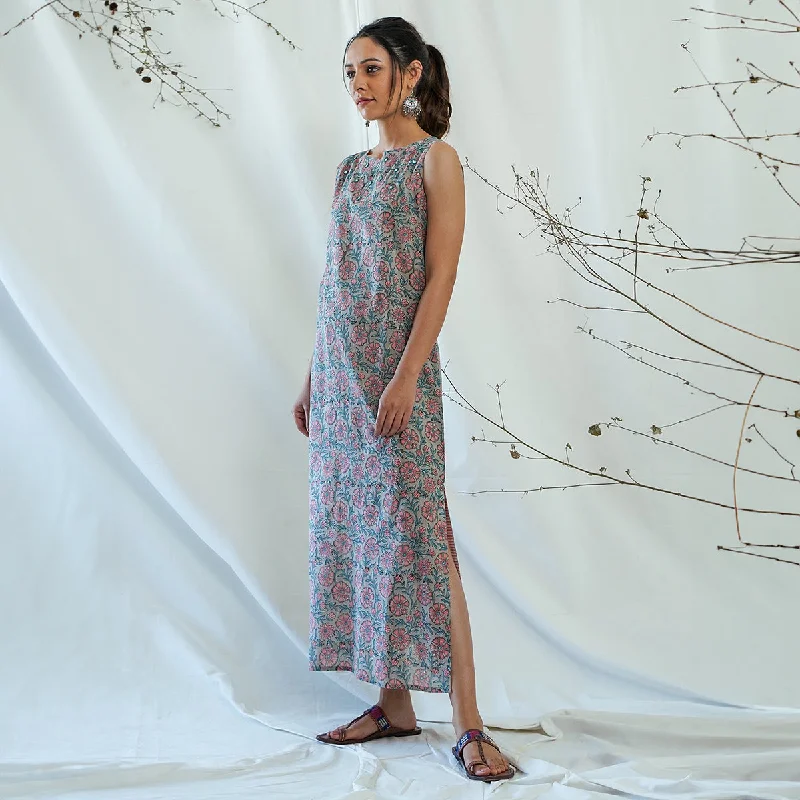 Mulmul Cotton Maxi Dress for Women | Straight | Grey & Pink