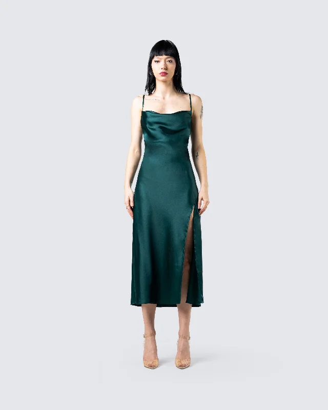 Alina Emerald Satin Midi Dress