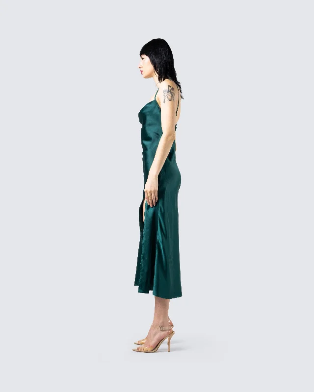 Alina Emerald Satin Midi Dress