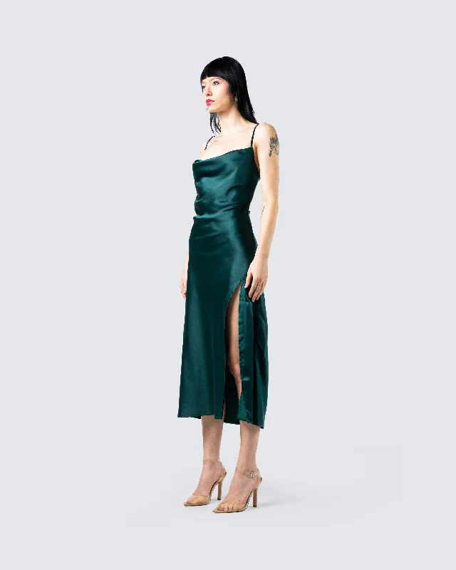 Alina Emerald Satin Midi Dress